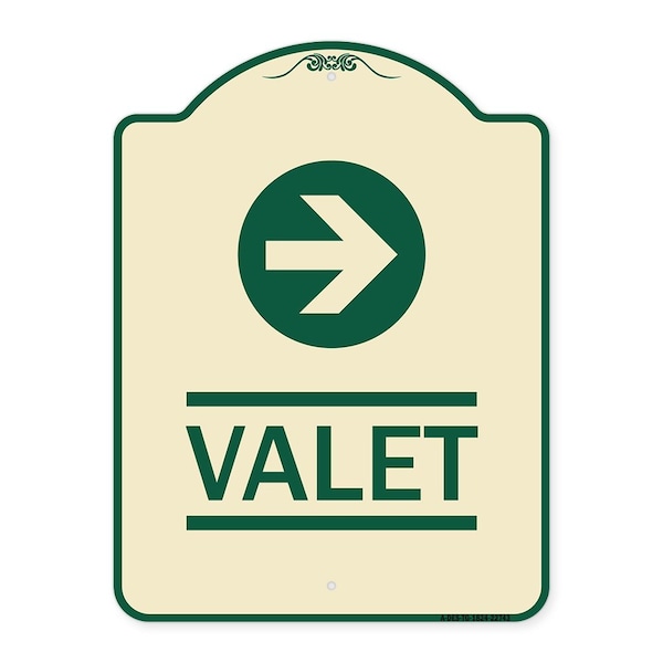 Signmission Designer Series Valet Right Arrow, Tan & Green Heavy-Gauge Aluminum Sign, 24" x 18", TG-1824-22743 A-DES-TG-1824-22743 - main
